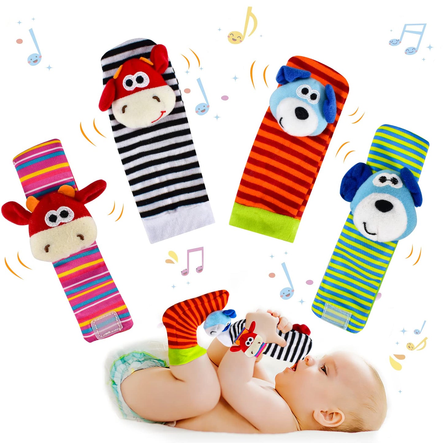 Baby Rattles 0-6 Months-Wrist Rattles for Babies-Baby Rattle Socks-Baby Toys 3-6 Months-Wrist Rattles for Babies-Montessori Toys for Babies 0-6 Months - Wrist Rattles for Babies (Cow+Dog)