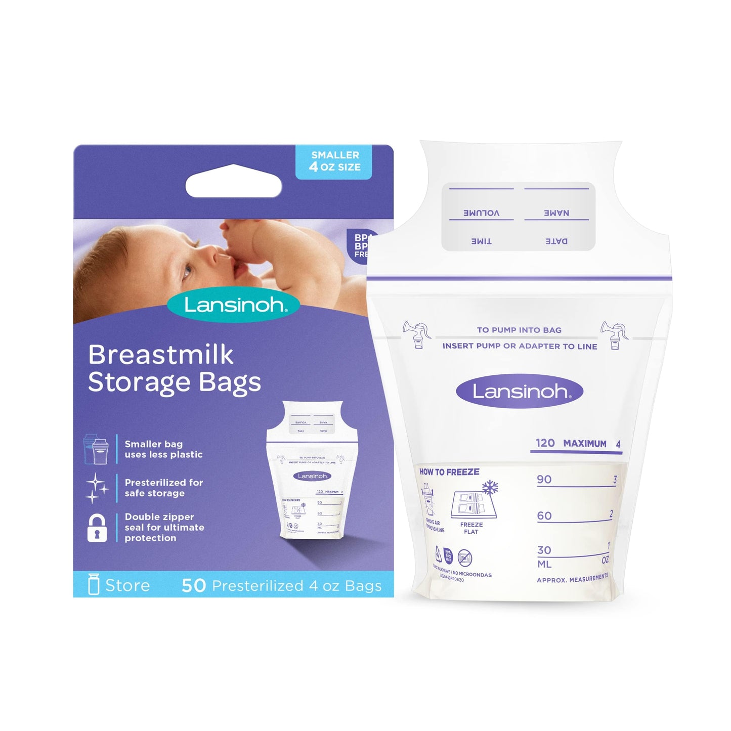 Lansinoh Breastmilk Storage Bags 50 Count Baby Essentials Fast Freeze & Thaw Breast Milk Bags for Baby Bottle Feeding Superior Strength & Stretch 4 Ounce